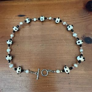 Retro Pearl Choker Lampwork Glass Bead Crystal Necklace Black White Pink OOAK